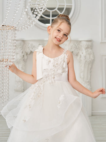 Ball-Gown/Princess Tulle Floor-length First Communion  Flower Girl Dress
