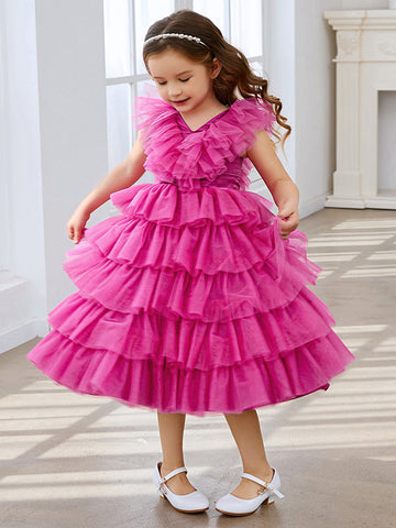 Ball-Gown/Princess Pink Sleeveless Tulle Flower Girl Dress with Ruffles