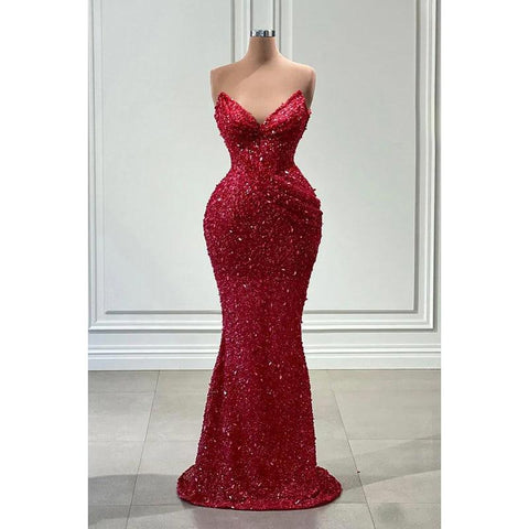 Robe de soirée sirène sans manches à paillettes rouges scintillantes et col en V