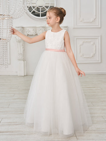 Ball-Gown/Princess Tulle Floor-length Ivory Flower Girl Dress