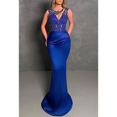 Vestido de noche para fiesta, graduación, satén, redondo, sin mangas, con pliegues y cuentas 