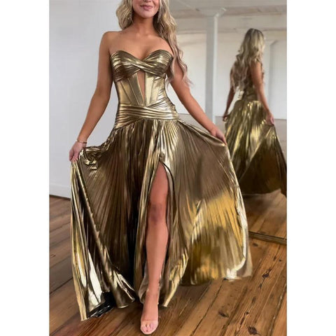 Vestido de noche estilo imperio sin mangas, escote corazón, sin tirantes y abertura lateral para fiesta de graduación 