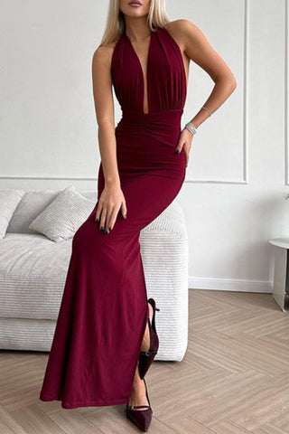 Vestidos de noche sexys de color liso, sin espalda y con escote halter fruncido. 