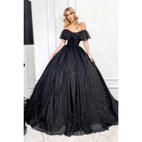 Robe de bal noire scintillante à épaules dénudées unique 