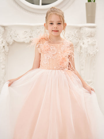 Ball-Gown/Princess Tulle Sweep Train Pink Flower Girl Dress