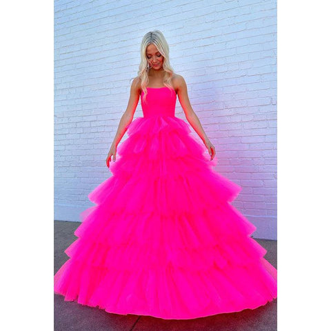 Vestido de fiesta largo de tul en forma de A, sin tirantes, color rosa intenso