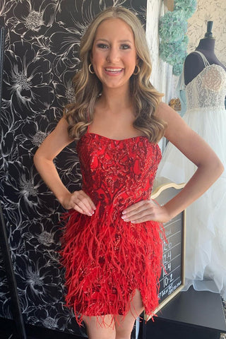 Hot Selling Sheath Spaghetti Straps Red Short Homecoming Dress with Feather