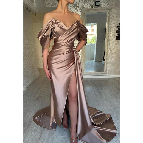 Sheath/Column Off-Shoulder Satin Ruched Long Prom Evening Formal Dress