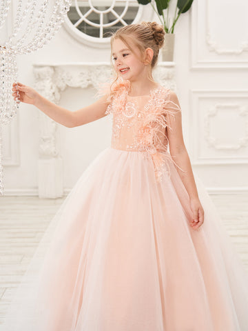Ball-Gown/Princess Tulle Sweep Train Pink Flower Girl Dress