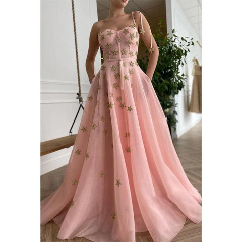 Vestido de fiesta de tul rosa con escote en forma de A y bolsillos 