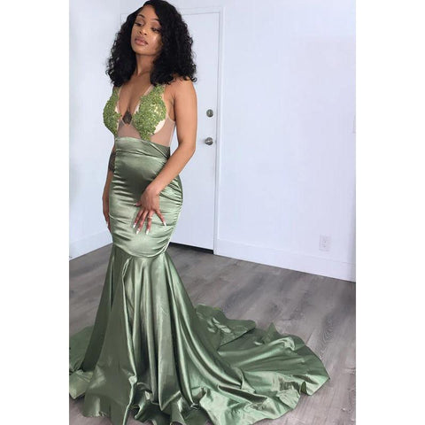 Vestido de noche largo de sirena con escote en V, sin mangas, apliques de tul transparente