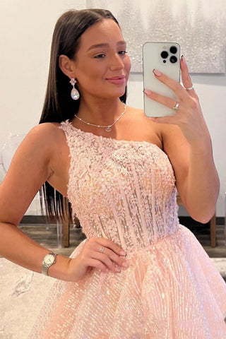 A Line One Shoulder Pink Long Prom Dress with Ruffles