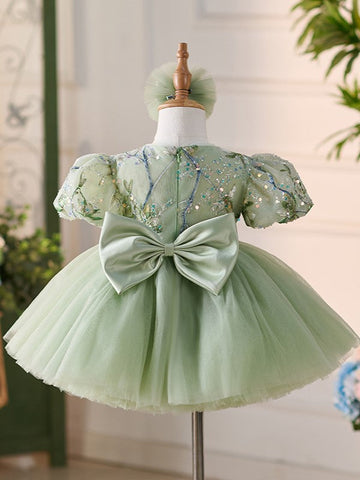 Sequins Tulle Knee-length Green 1st Birthday Party Baby Girl Dress