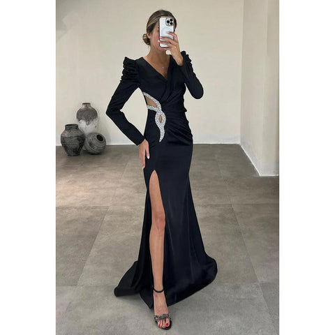 Robe de soirée simple et décontractée à manches longues et col en V avec strass