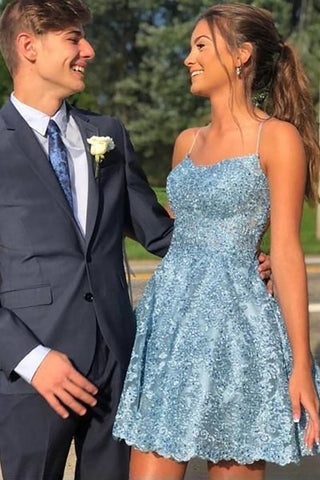 A Line Spaghetti Straps Short Homecoming Dress with Appliques