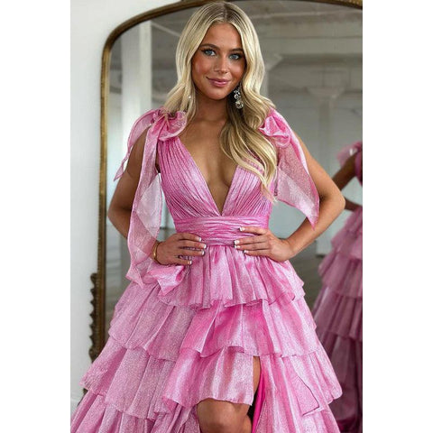 Elegante vestido formal de fiesta de graduación con escote en V, sin mangas, abertura lateral y fruncido