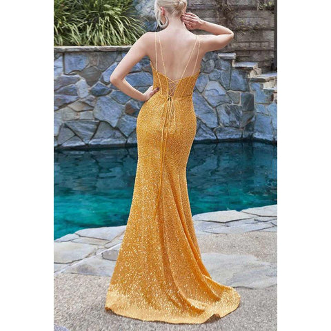 Robe de soirée longue fourreau à bretelles spaghetti et paillettes
