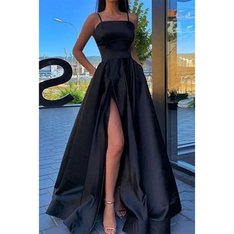 Vestido de fiesta largo con tirantes finos, escote barco y abertura alta con bolsillos