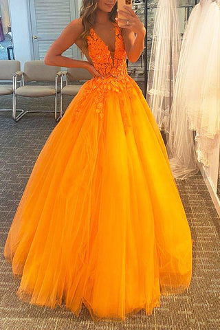 A Line V Neck Orange Prom Dress with Appliques