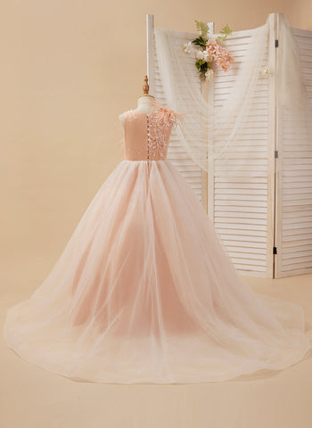 Ball-Gown/Princess Tulle Sweep Train Pink Flower Girl Dress