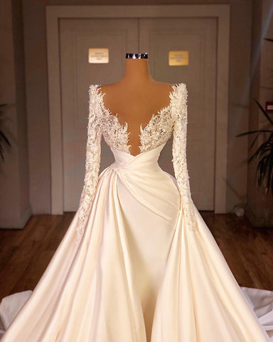 Elegant A-Line Cathedral V-neck Long Wedding Dress With Long Sleeves