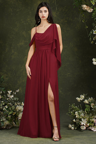 Elegant A-line Chiffon Ruffles Floor-length Split Bridesmaid Dress With Pockets