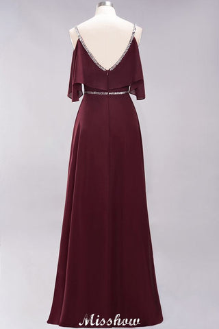 elegant A-line Chiffon V-Neck Spaghetti Straps Sleeveless Floor-Length Bridesmaid Dresses with Beading
