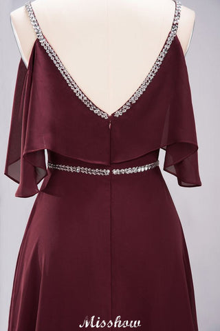 elegant A-line Chiffon V-Neck Spaghetti Straps Sleeveless Floor-Length Bridesmaid Dresses with Beading