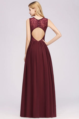 Elegant A-line Lace Sleeveless Bridesmaid Dresses Chiffon Jewel Ruffles Floor-Length Evening Dress with Appliques