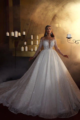 Elegant A-line Off-the-shoulder Long Sleeves V-neck Wedding Dress With Lace