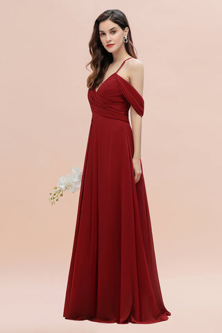Elegant A-line Off-the-Shoulder V-neck Ruched Long Bridesmaid Dress