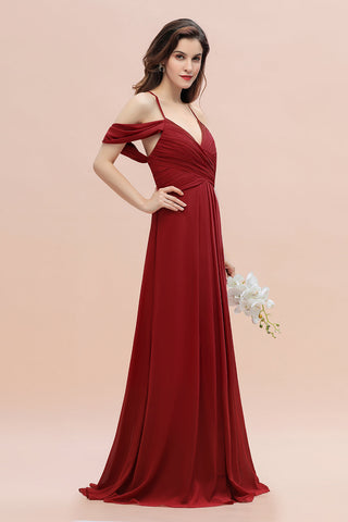 Elegant A-line Off-the-Shoulder V-neck Ruched Long Bridesmaid Dress