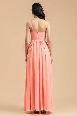 Elegant A-line One Shoulder Coral Chiffon Long Bridesmaid Dress