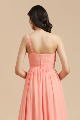 Elegant A-line One Shoulder Coral Chiffon Long Bridesmaid Dress