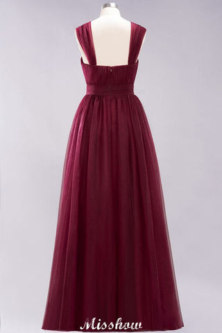 Elegant aline Sleeveless Tulle Evening Maxi Gown Burgundy Straps Bridesmaid Dress