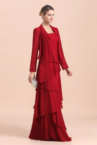 Elegant Burgundy Chiffon Mother of the Bride Dress Ruffles With Jacket