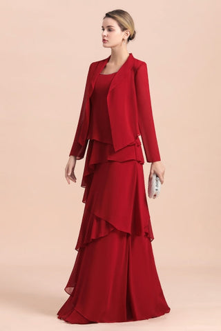 Elegant Burgundy Chiffon Mother of the Bride Dress Ruffles With Jacket