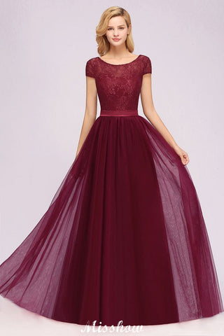 Elegant Cap Sleeves Floral aline Evening Swing Dress Appliques Tulle Bridesmaid Dress
