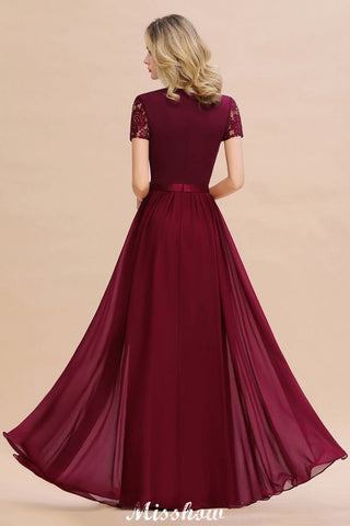 Elegant Chiffon Lace Jewel Short Sleeves Floor-Length A-Line Bridesmaid Dress