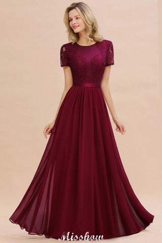 Elegant Chiffon Lace Jewel Short Sleeves Floor-Length A-Line Bridesmaid Dress