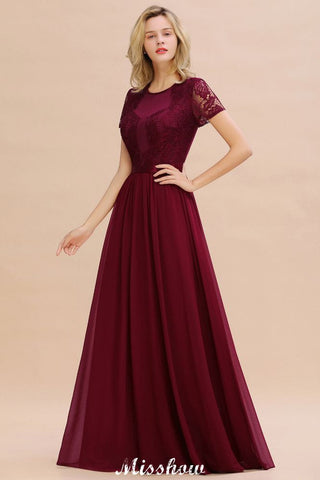 Elegant Chiffon Lace Jewel Short Sleeves Floor-Length A-Line Bridesmaid Dress