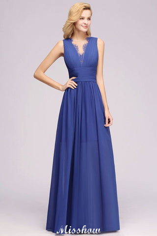 Elegant Chiffon Lace Jewel Sleeveless Floor-Length A-Line Ruffles Bridesmaid Dress