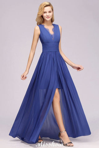 Elegant Chiffon Lace Jewel Sleeveless Floor-Length A-Line Ruffles Bridesmaid Dress
