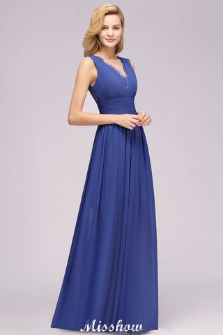 Elegant Chiffon Lace Jewel Sleeveless Floor-Length A-Line Ruffles Bridesmaid Dress
