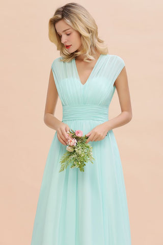 Elegant Chiffon V-Neck Sleeveless Floor-Length A-line Bridesmaid Dress with Ruffles
