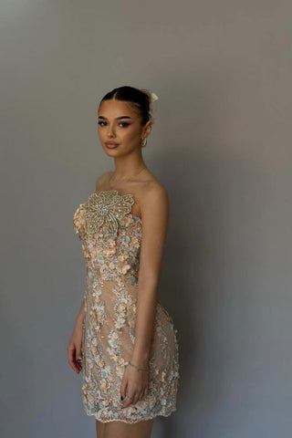 Elegante vestido corto de fiesta sin mangas de encaje columna con apliques