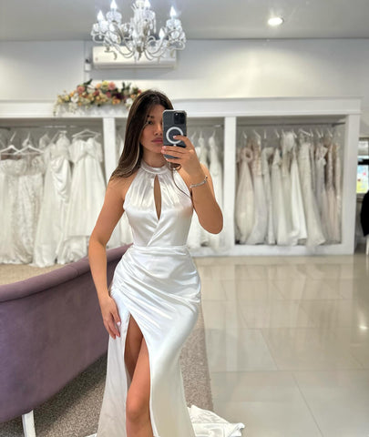 Elegant Column Satin Halter Sleeveless White Wedding Dresses With Ruffles Split Front