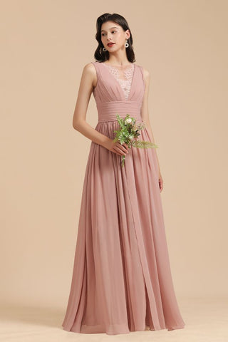 Elegant Dusty Pink Sleeveless Floral Lace Bridesmaid Dress Side Split Party Dress