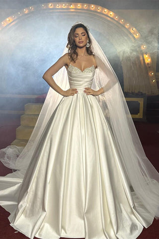 Elegant FloorLength Sleeveless A Line Satin Wedding Dress With Beads