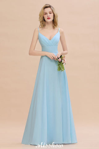 Elegant Front Split Bridesmaid Dress Garden Spaghetti Straps V-neck Floor Length Dress